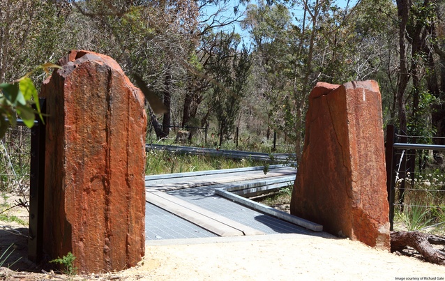 Natural materials include iron boulders from rio tinto’s tom price mine to frame walkways and entrances.