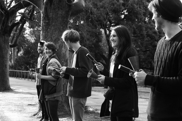 A team performance takes Audio Architecture workshop “output” to the streets over the Open House Melbourne weekend in July 2012.