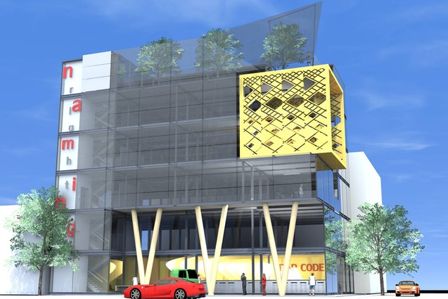 Corner of Colombo and Kilmore Street building by Thom Craig Architects and AMO. This mixed-use retail and office building features a modular design with a micro-pile foundation system that is quake-resistant and can be easily insured. A stainless steel metal mesh provides solar shading. The yellow box will be a boardroom.