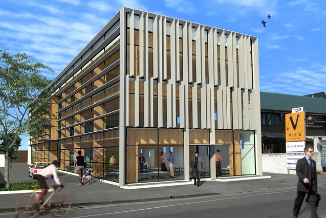 Completion date – December 2012. 134 Victoria Street by Shepard & Rout Architects. This retail and office project will be the first in the world to use an innovative post-tensioned timber frame system developed in Canterbury, which involves large cables that flex and shake in an earthquake before returning to their original form. <a href="http://architecturenow.co.nz/articles/seismic-design-in-wood/" target="_blank"><u>Read more</u></a>