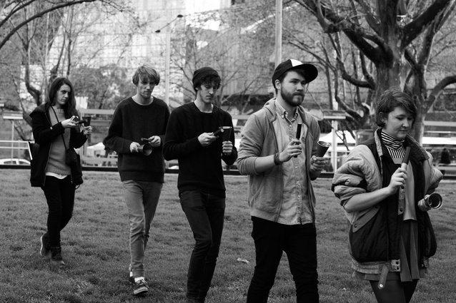 A team performance takes Audio Architecture workshop “output” to the streets over the Open House Melbourne weekend in July 2012.