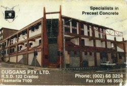  Futures Technology Centre, Hobart, 1995, a collaboration between Friend and artists Kevin Todd and Sara Lindsay and architect Paul Lan. Enlargement of the business card for the concrete company and client for the project, Duggans. 