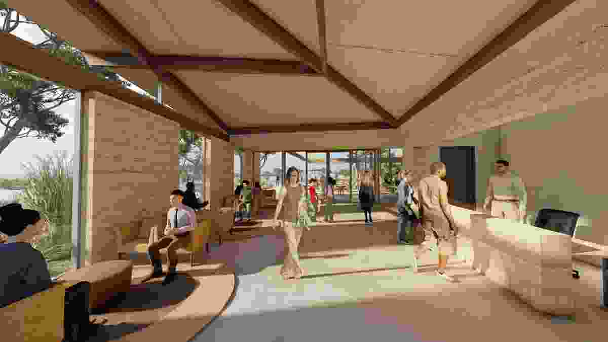 The proposed Serengeti Function Centre building houses a lobby, two function rooms, and a cafe or restaurant with an outdoor dining space overlooking the pool.