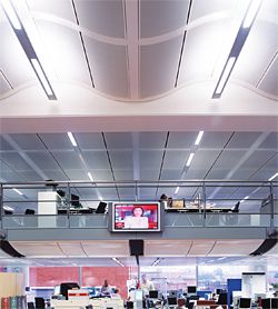 Waveform metal ceiling system.