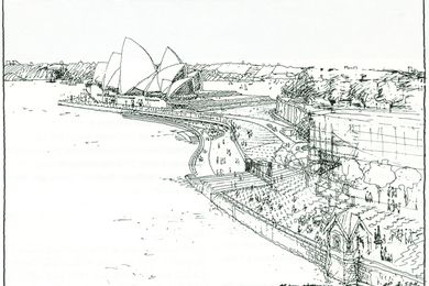A sketch of proposed alterations to the eastern boardwalk at the Sydney Opera House in Alex Popov's inaugural prize winning scheme.