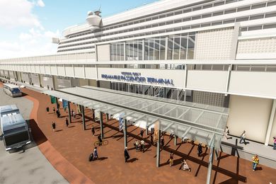 The new entrance canopy of Fremantle Passenger Terminal, designed by Cox Architecture.