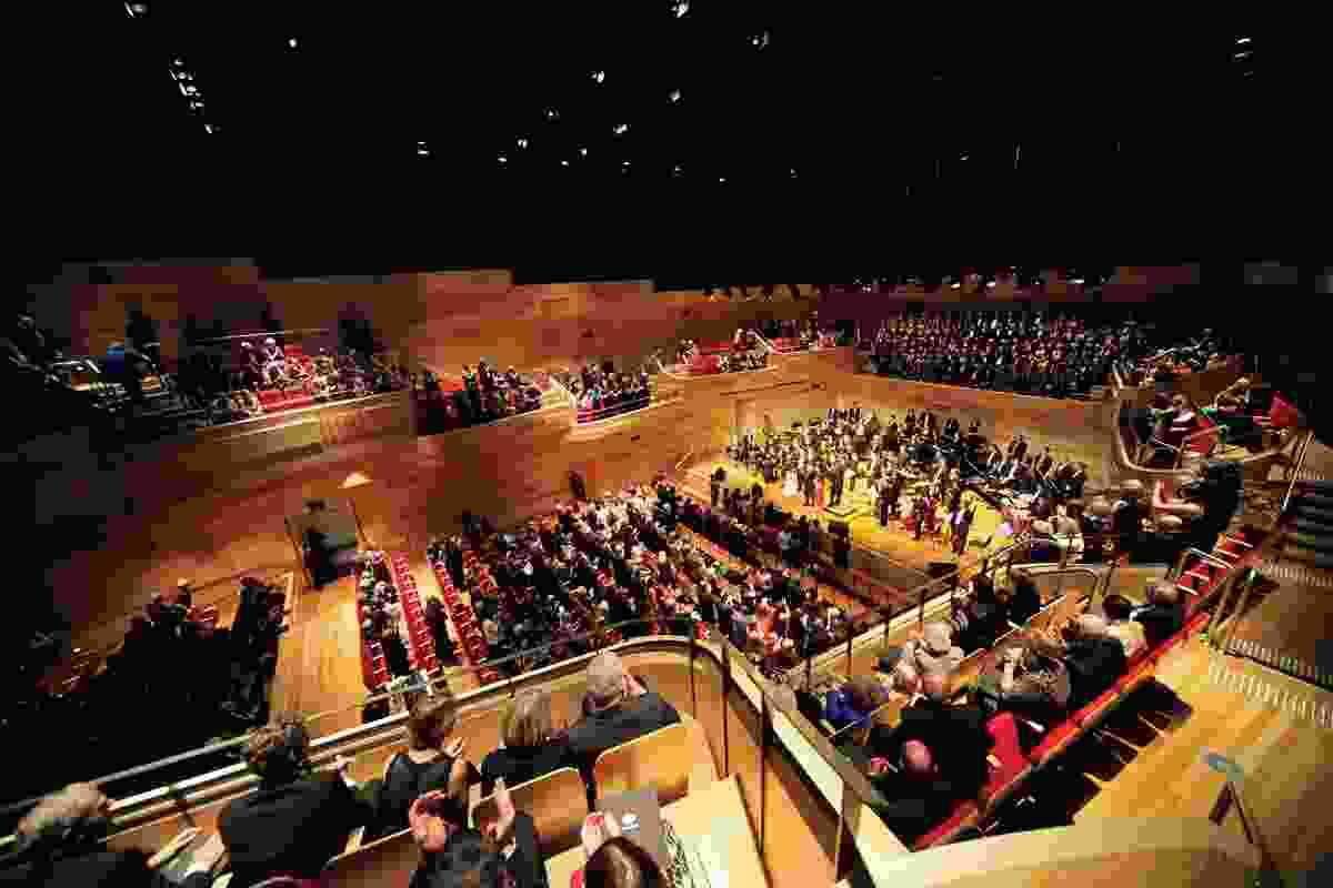 The extended balconies of the thousand-seat concert hall reflect the extended walls of the exterior.