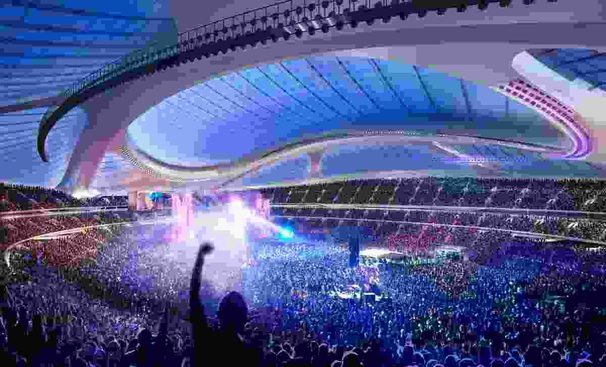Proposed Tokyo Olympic Stadium by Zaha Hadid Architects depicted in concert mode.