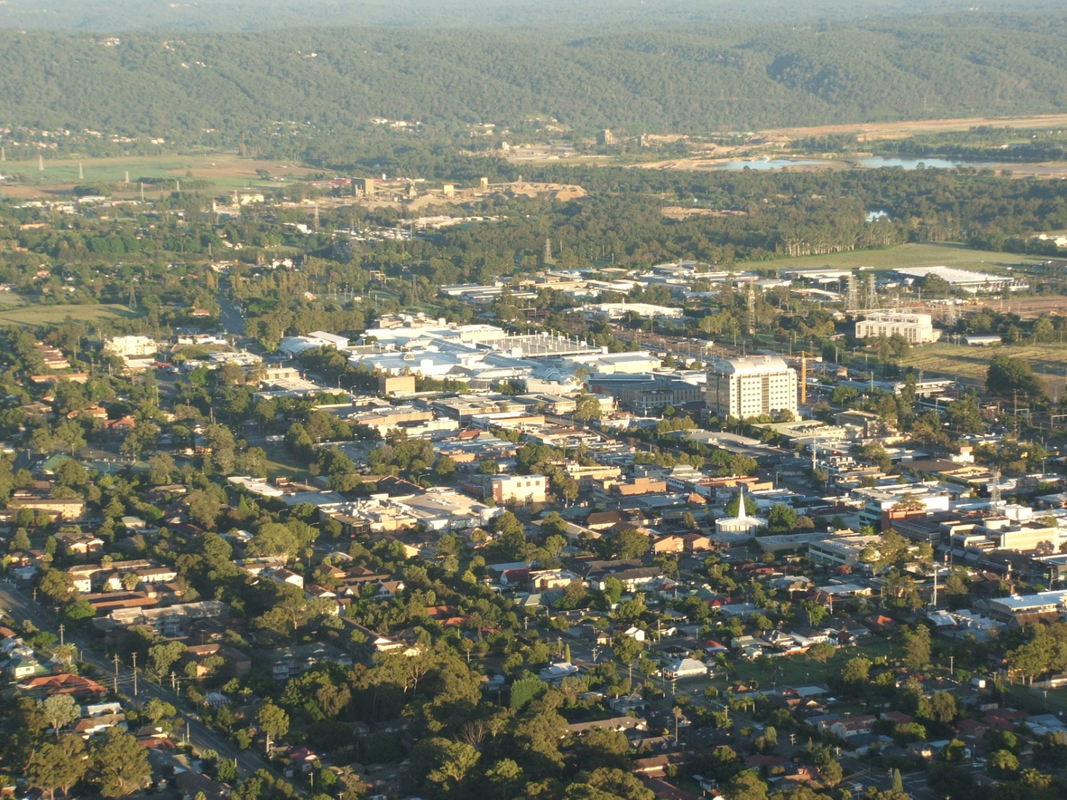 Aerial photograph of the Penrith CBD by Saberwyn, licensed under  CC BY-SA 3.0