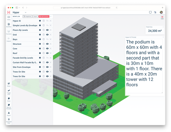 A screenshot of Hypar, a browser-based CAD platform, showing a text prompt from which AI generated a BIM model of a building’s basic form. The same process could generate other architectural elements, as well as many landscape features.
