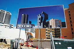 Jonathan Lake Architects’ billboard, at the corner of Wellington and Milligan Streets, projects a new proposal against the existing skyline.