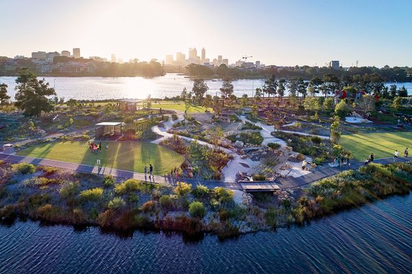 A subtly contoured parkland and three-hectare playground have been created to the east of Optus Stadium, around an existing river-fed lake.