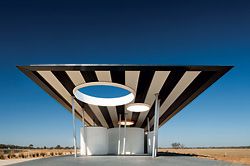 N°1 A cantilevered roof hovers above cylinders containing the rest rooms. The project aims for a “civic monumentality” and is intended as a place for pause and reflection, and a gateway to the Calder Woodburn Memorial Avenue and the wider Shepparton area.