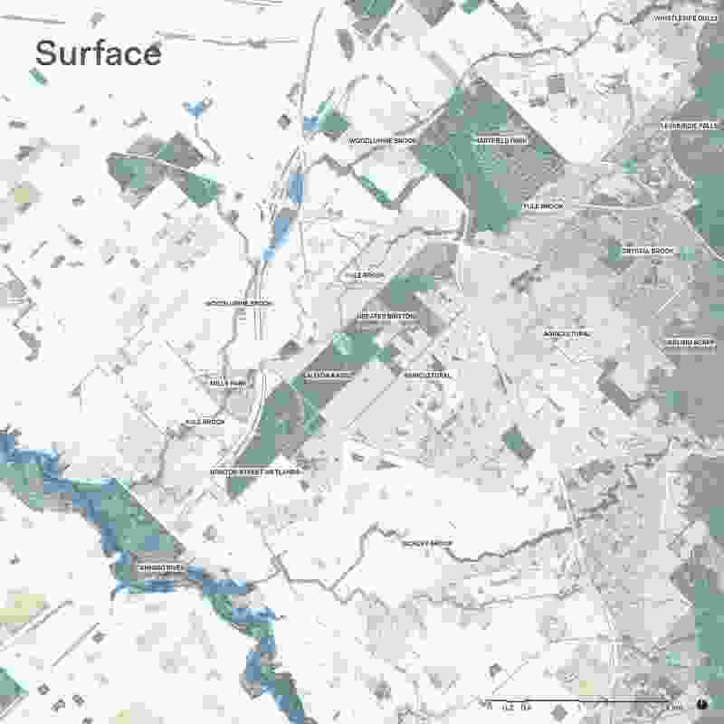 In pursuing an agenda of “environmental
responsibility,” such as for the Yule Brook corridor in suburban Perth, Daniel Jan Martin uses maps to reveal a site’s deep systems and demonstrate conflicts with human impacts.