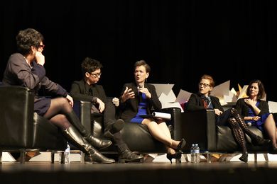 Parlour panel at 2014 National Architecture conference, L–R: Justine Clark, Naomi Stead, Helene Combs Dreiling (president of American Institute of Architects), Emma Williamson, and Beth Miller (Community Design Collaborative). 