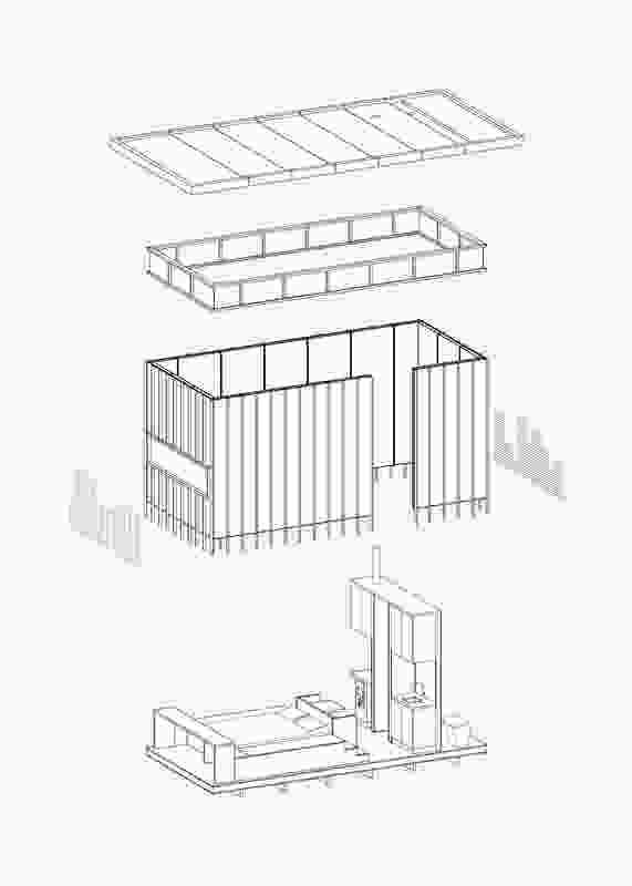 Exploded axonometric diagram of Slate Cabin by Trias.