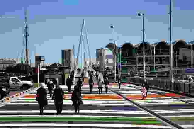 The approach to Wynyard Quarter via Wynyard Crossing, a bridge linking the Viaduct with Wynyard Quarter's Jellicoe Street, North Wharf promenade and the Viaduct Events Centre.