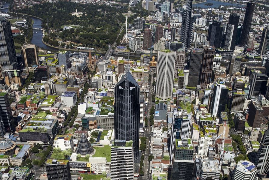 An artist's impression of Melbourne's CBD with more green roofs and solar arrays.