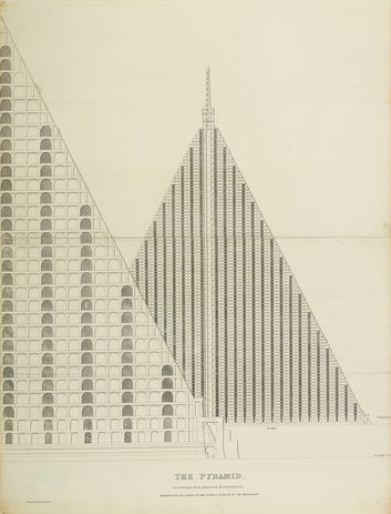 The Pyramid to Contain Five Millions of Individuals Designed for the Centre Of The General Cemetry [sic] of the Metropolis (engraving, c1829). This radical concept for a ninety-four-storey cemetery on London’s Primrose Hill was conceived by architect Thomas Willson as a solution to the city’s overcrowded burial grounds.