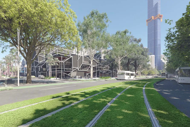 Render of the currently under-construction road to park conversion taking place on Southbank Boulevard by the City of Melbourne’s City Design Studio, featuring the under-construction Australia 108 building by Fender Katsalidis Architects.