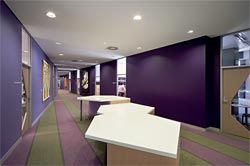 Customdesigned furniture punctuates the articulated hallways.