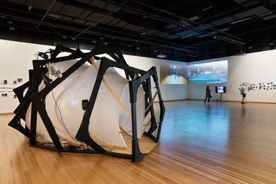 Sulcus Loci installation (foreground) and Over the Boundary exhibition featuring video by OPEN Architecture (background).