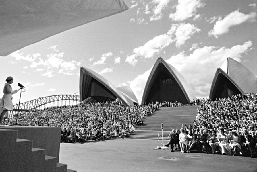 Queen Elizabeth II officially opens the Sydney Opera House on 20 October 1973.