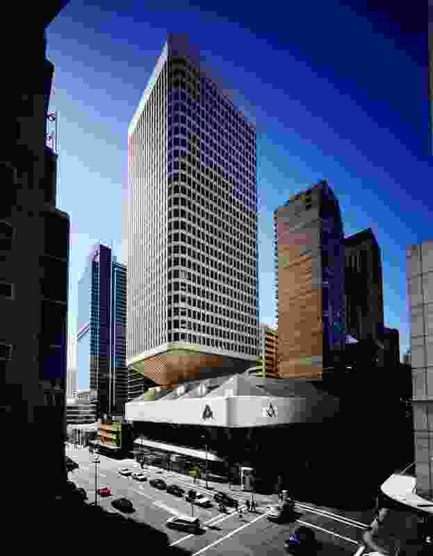 Civic Tower Sydney, by PTW Architects, built in 2004 atop the 1970s Brutalist podium of the Sydney Masonic Centre.