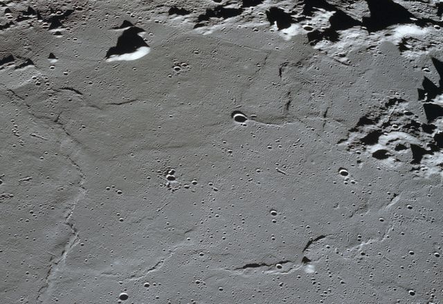 Westward view taken by Apollo 10 across Apollo Landing Site 3 in the Central Bay on 18 May 1969. Since then, scientists have discovered evidence of water ice on the surface of the moon’s polar regions.