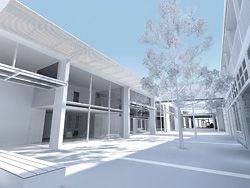 View from the proposed central public secure courtyard looking towards public gallery space. The tilting glazed doors are seen open.