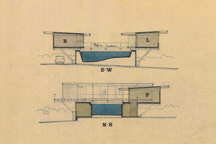 A section shows that the house is adventurous and unconventional, with living spaces suspended above ground.