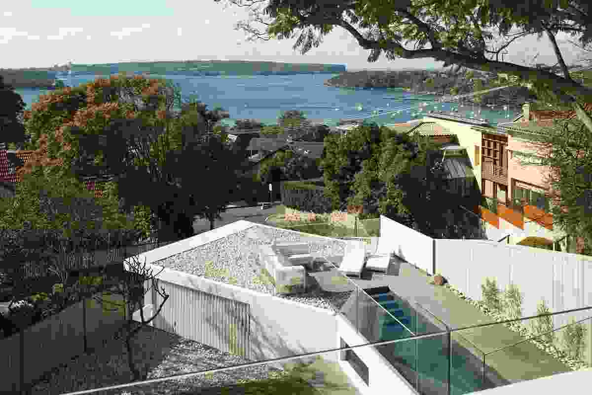The swimming pool and deck anchored into the slope.