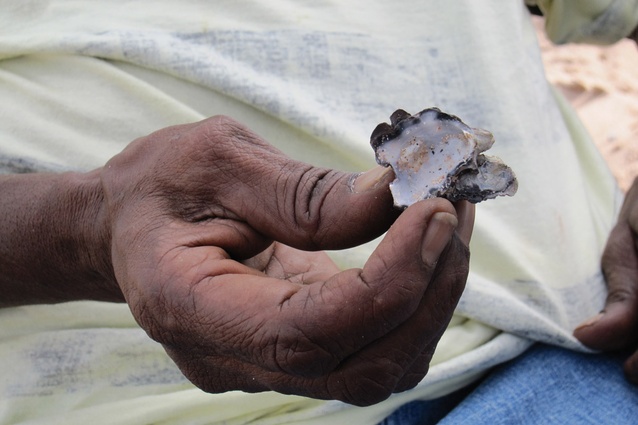 Jane Augustine showing a freshly caught oyster.