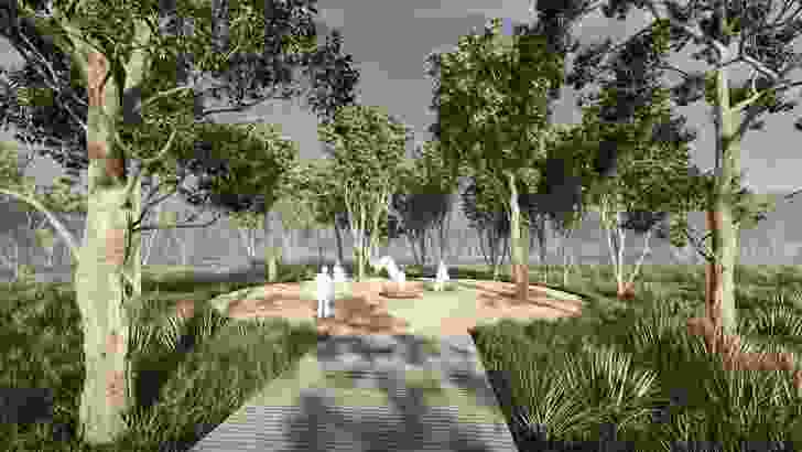 A proposed smoking ceremony space in Architectus, Aurecon, McGregor Coxall and Greenshoot Consulting's design for a Harkness cemetery.