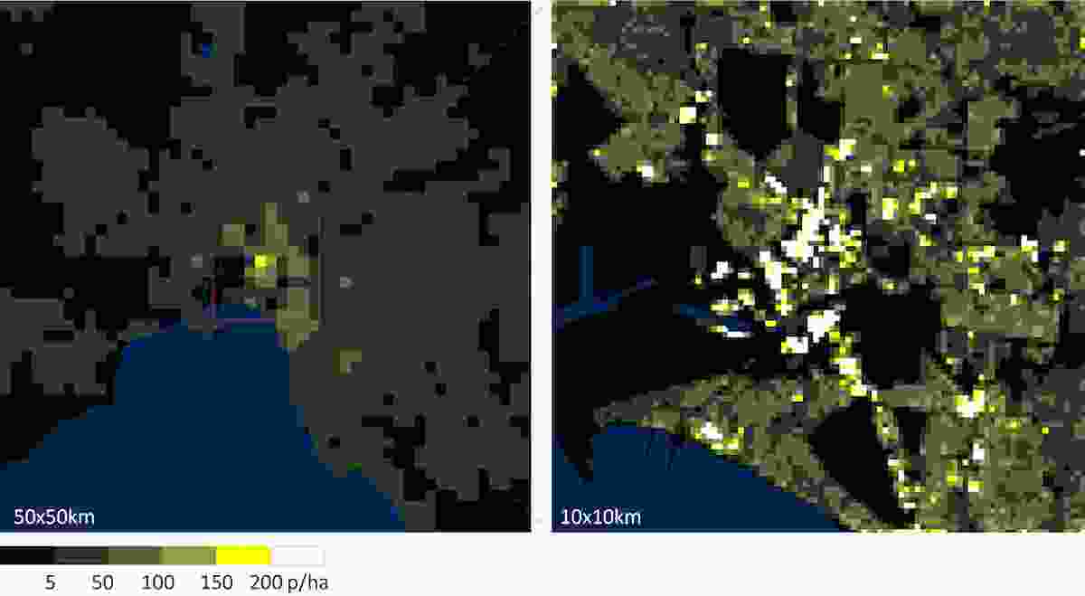Gross residential densities (people per hectare) in Melbourne at 1x1km walkable neighbourhood scale and 100x100m experiential scale.