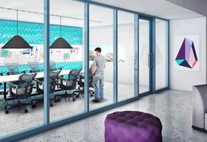 Shift partitioning with clear glass panels.