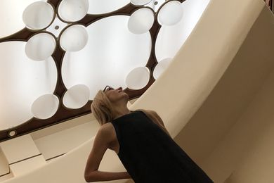 Virginia admires the detail in the translucent modulated ceiling of Frank Lloyd Wright's V.C. Morris Gift Store.
