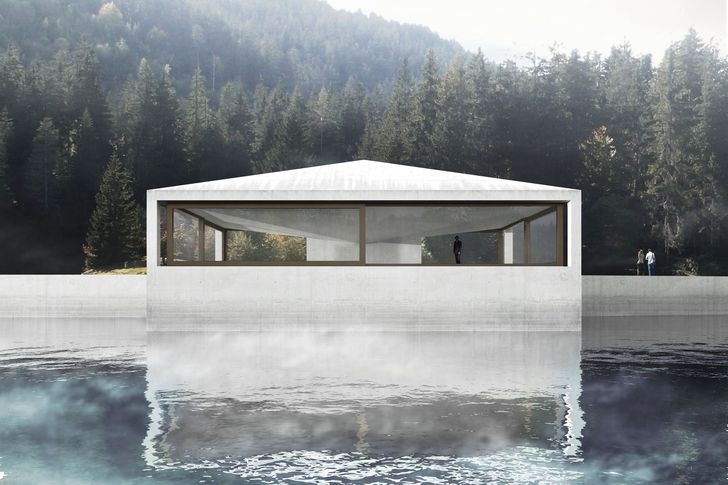 Proposed pavilion by Valerio Olgiati on the Caumasee, in Flims, Switzerland.