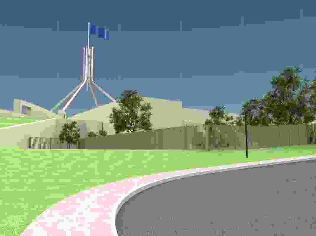 The perimeter fence design by Guida Moseley Brown Architects for Australian Parliament House.