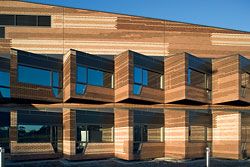 The striated brickwork and protruding bay windows on the south elevation of Lyons’ Mornington Centre. Image: John Gollings 