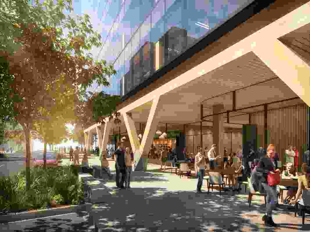 The ground level of the proposed 5 King engineered timber office tower designed by Bates Smart will feature a 54-metre-long timber colonnade lined with cafes and restaurants.