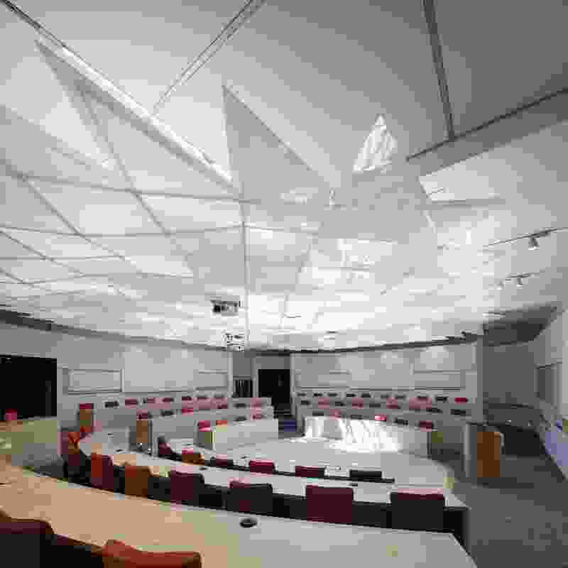 The lecture theatre has a hemicycle plan, which allows seating and sight lines to encourage a high level of physical interaction and visual connection.