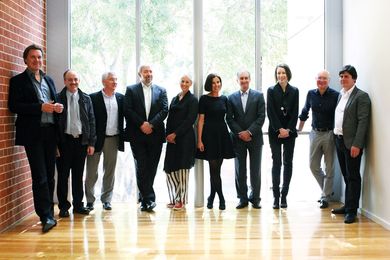 Government Architects of Australia, from left: Ben Hewett (SA), Robert Foote (NT), Malcolm Middleton (Qld), Geoffrey London (Vic), Jill Garner (Vic), Helen Lochhead (Assistant GA, NSW), Peter Mould (former GA NSW), Melinda Payne (WA), Alastair Swayn (ACT) and Peter Poulet (former GA Tasmania, now GA NSW). Photographed at the Government Architect Network Australia (GANA) meeting in Adelaide, 2011.  