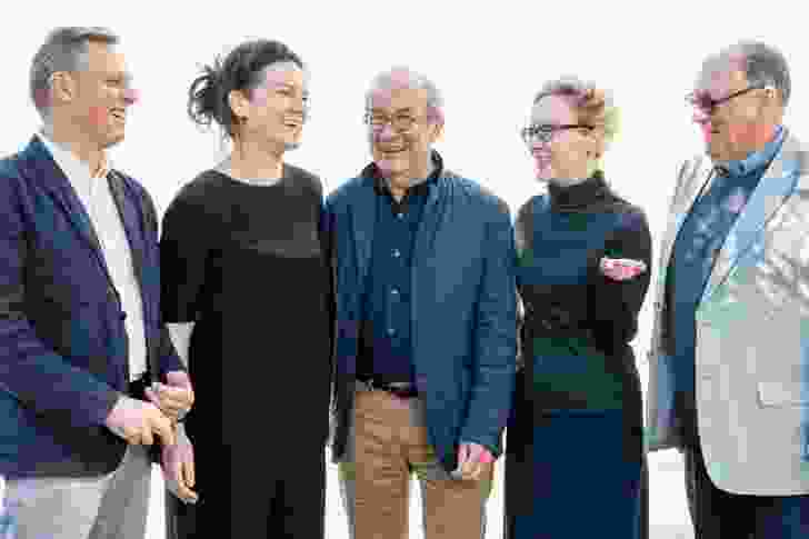 The jury, from left Peter Maddison, director at Maddison Architects and host of Grand Designs Australia; Melissa Bright, founding director of Make Architecture; Ken Maher (chair), immediate past national president of the Australian Institute of Architects and fellow at Hassell; Sue Dugdale, director at Susan Dugdale and Associates; and Lawrence Nield, Northern Territory Government Architect.