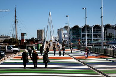 The approach to Wynyard Quarter via Wynyard Crossing, an interim bridge linking the Viaduct with Wynyard Quarter's Jellicoe Street, North Wharf promenade and the Viaduct Events Centre.