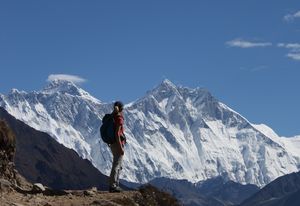 Living the dream: trekking in the Everest (Khumbu) region of Nepal, the looming peaks of Everest, Lhotse and Nuptse before me.