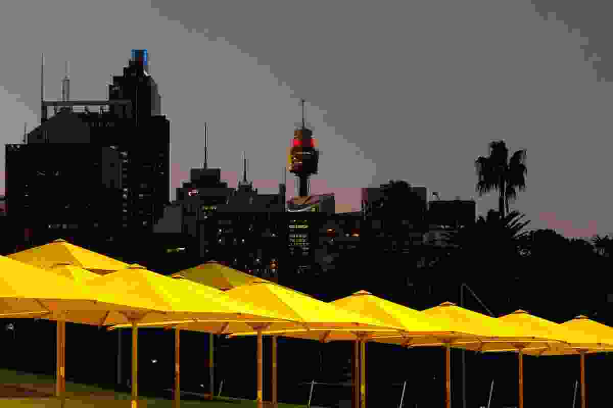 The yellow umbrellas at night.
