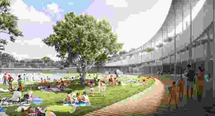 The design for Parramatta Aquatic Centre by Grimshaw, Andrew Burges Architects and McGregor Coxall includes a "ring" encircling the outdoor pool, which will also act as a fence.