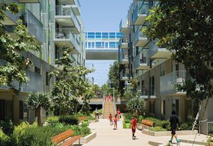The Belmar Apartments in Santa Monica, California (2014) contributes 160 units of affordable housing to the Ocean Avenue South Development on one side of a public walk. Collaborators: Moore Ruble Yudell Architects and Planners (masterplan partner), KTGY Architecture and Planning (architect of record).