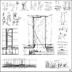 Conceptual
pencil sketches and working drawings for Miranda
Winery on one of the panels by Alex Popov.